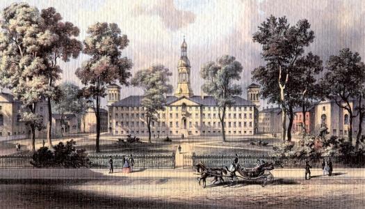 An 1860 lithograph of Nassau Hall.