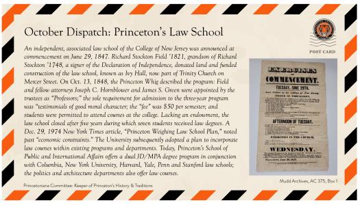 Postcard with historical information about Princeton's Law School, featuring an old document and descriptive text framed by orange and black stripes.