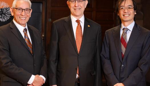 Kevin Gover, President Eisgruber and Terence Tao pose side0by-side in Richardson Auditorium.