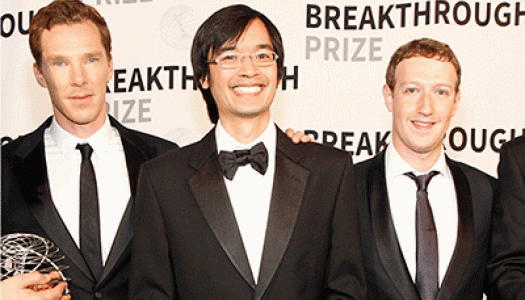 Terence Tao with Cumberbatch and Zuckerberg at Breakthrough Prize ceremony in 2014