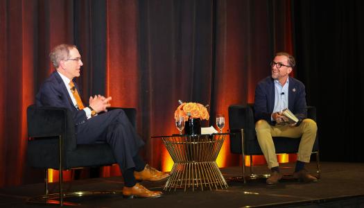President Chris Eisgruber and alumnus Mason Morfit discuss Princeton on the stage in Los Angeles.