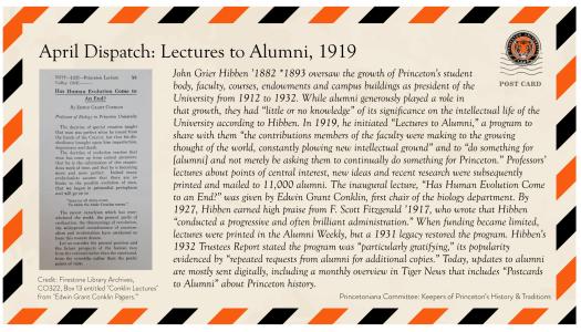 April postcard on Lectures to Alumni, 1919