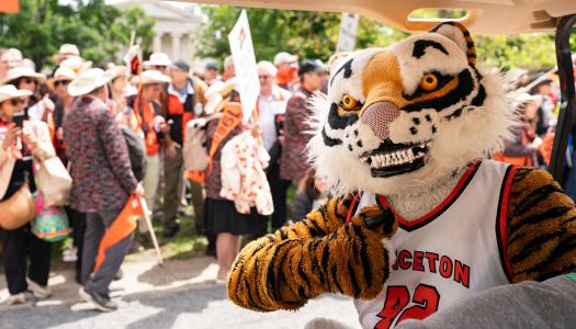 A person in a Tiger costume gives a thumbs up while riding in a golf cart; parade onlookers are in the background