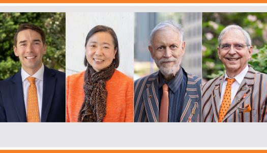 Four individual portraits of Princeton alumni, male, female, male, male. 
