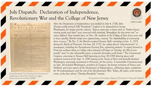 An old-fashioned postcard with text and a photo of the original Declaration of Independence 