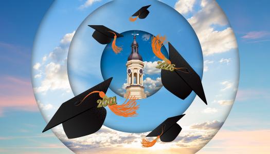An illustration of the Nassau Hall bell tower surrounded by flying graduation caps