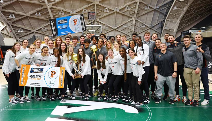 The Princeton men's and women's basketball teams celebrate their Ivy League titles on the court of Jadwin Gym