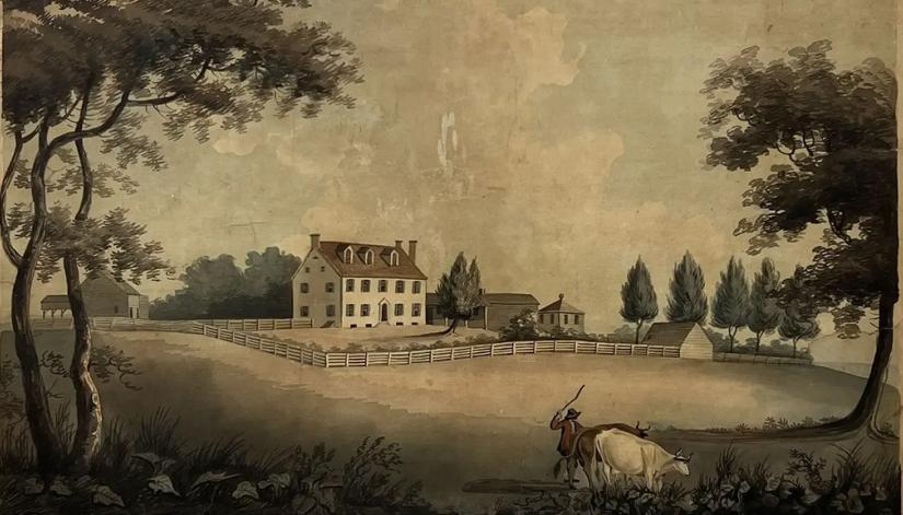 An 18th century illustration of a white farm house