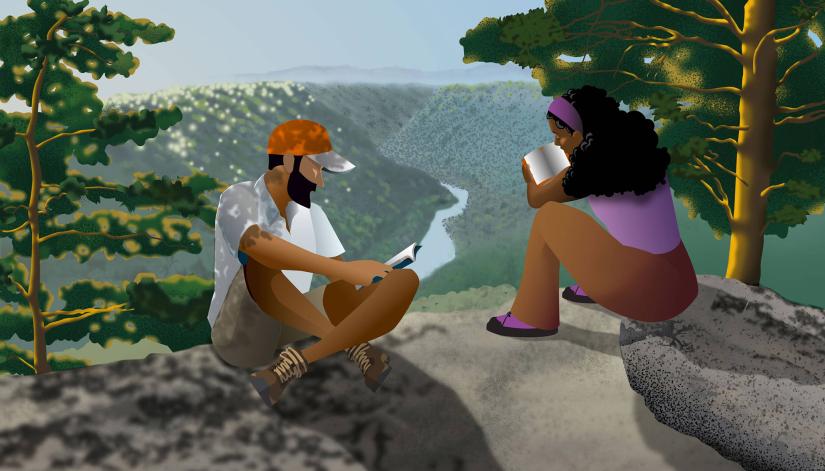An illo of a man and woman sitting atop a mountain and reading books. 