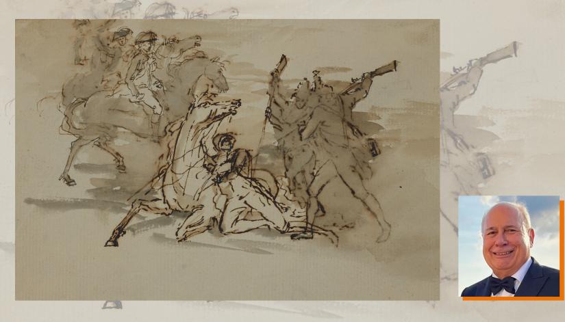 Revolutionary War sketch by Trumbull with thumbnail of Ron Brown