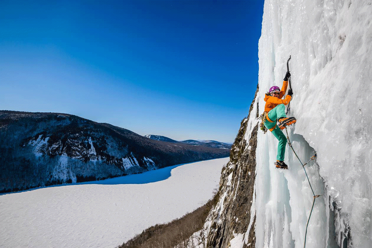 Burhardt climbing the icy Promenade route up Mount Pisgah, overlooking Lake Willoughby in Vermont. Photo by Bernd Zeugswetter