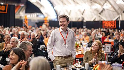 Austin Davis, who also received the Pyne Prize, is recognized at the alumni luncheon in Jadwin Gymnasium.