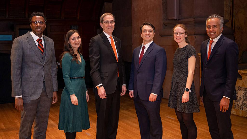 (From left to right): Dean of the Graduate School Rodney Priestley, Mira Nencheva, President Christopher L. Eisgruber, Jason Molesky, Lila Rodgers and Association of Princeton Graduate Alumni President Karthick Ramakrishnan. 