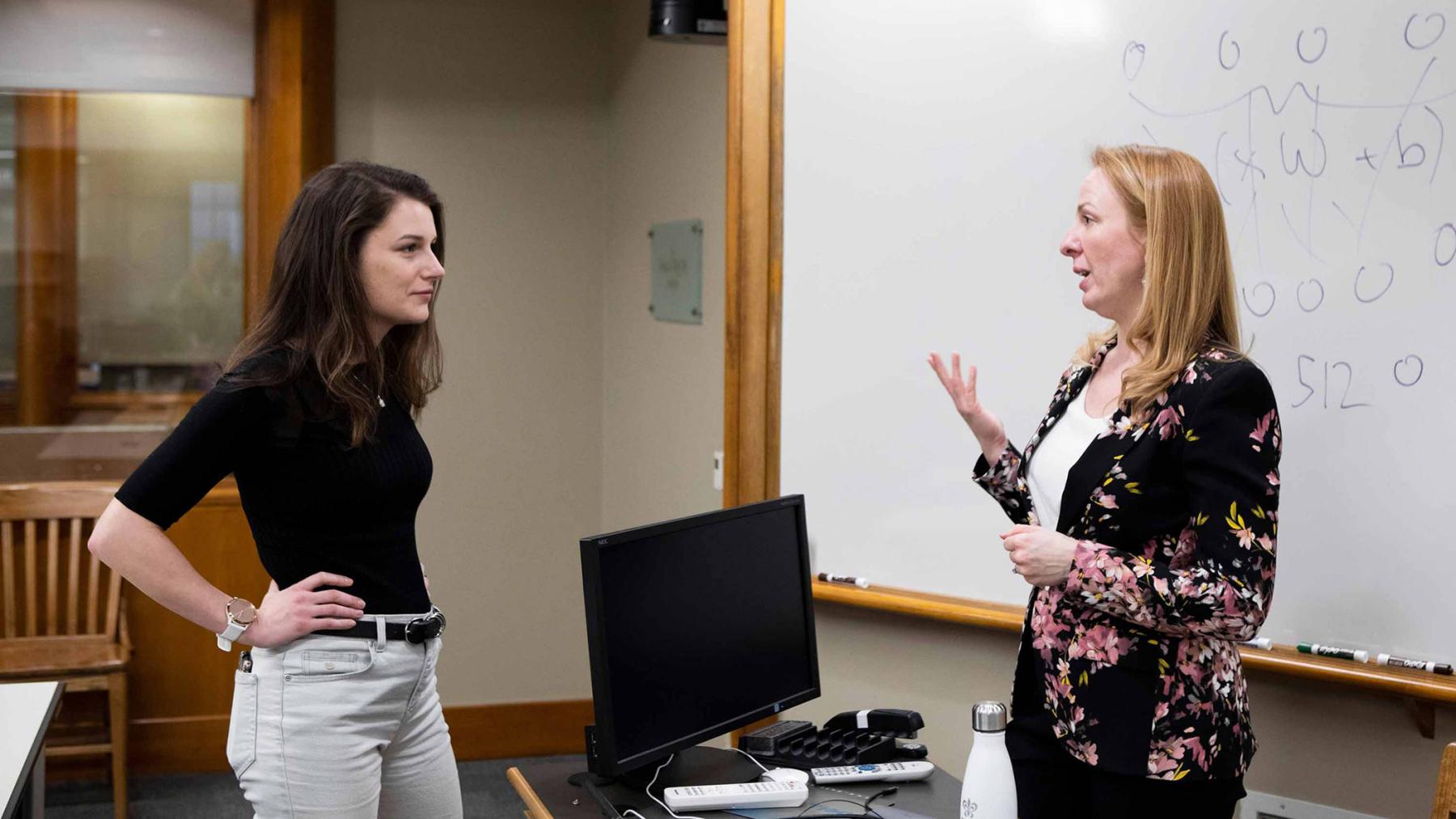 Rachel Metzgar (left), a graduate student in psychology, discusses the applications of machine learning to her own research with Sarah-Jane Leslie (right), the Class of 1943 Professor of Philosophy,