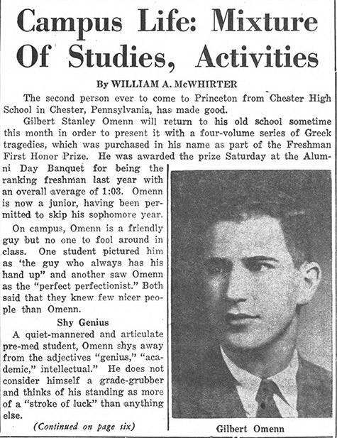 A newspaper clipping from The Daily Princetonian profiling student Gilbert Omenn