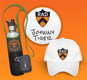 A waterbottle holder, a button and a white baseball cap with the RAD emblem