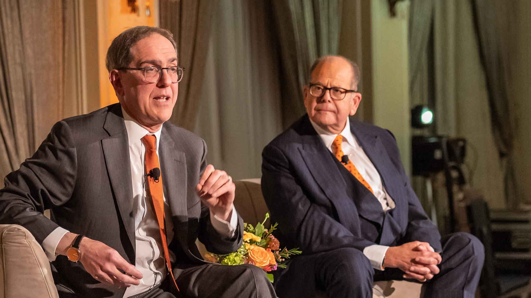 President Eisgruber, seated on stage with Christopher Sarofim ’86, chairman of Fayez Sarofim & Co.