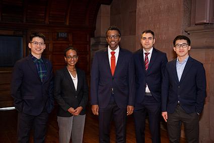 Dean Rodney Priestley surrounded by the four Jacobus Fellows for 2025. 