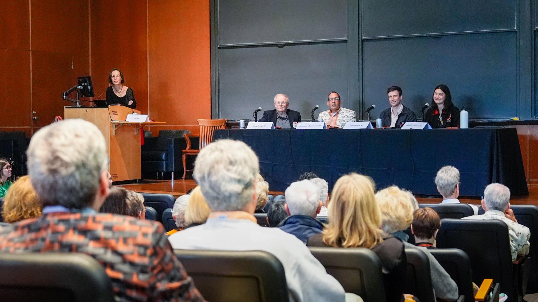 Yael Niv (at podium), professor of psychology and neuroscience, leads the Alumni-Faculty Forum on “Keeping the Brain in Mind: Innovations in Cognitive Health.”