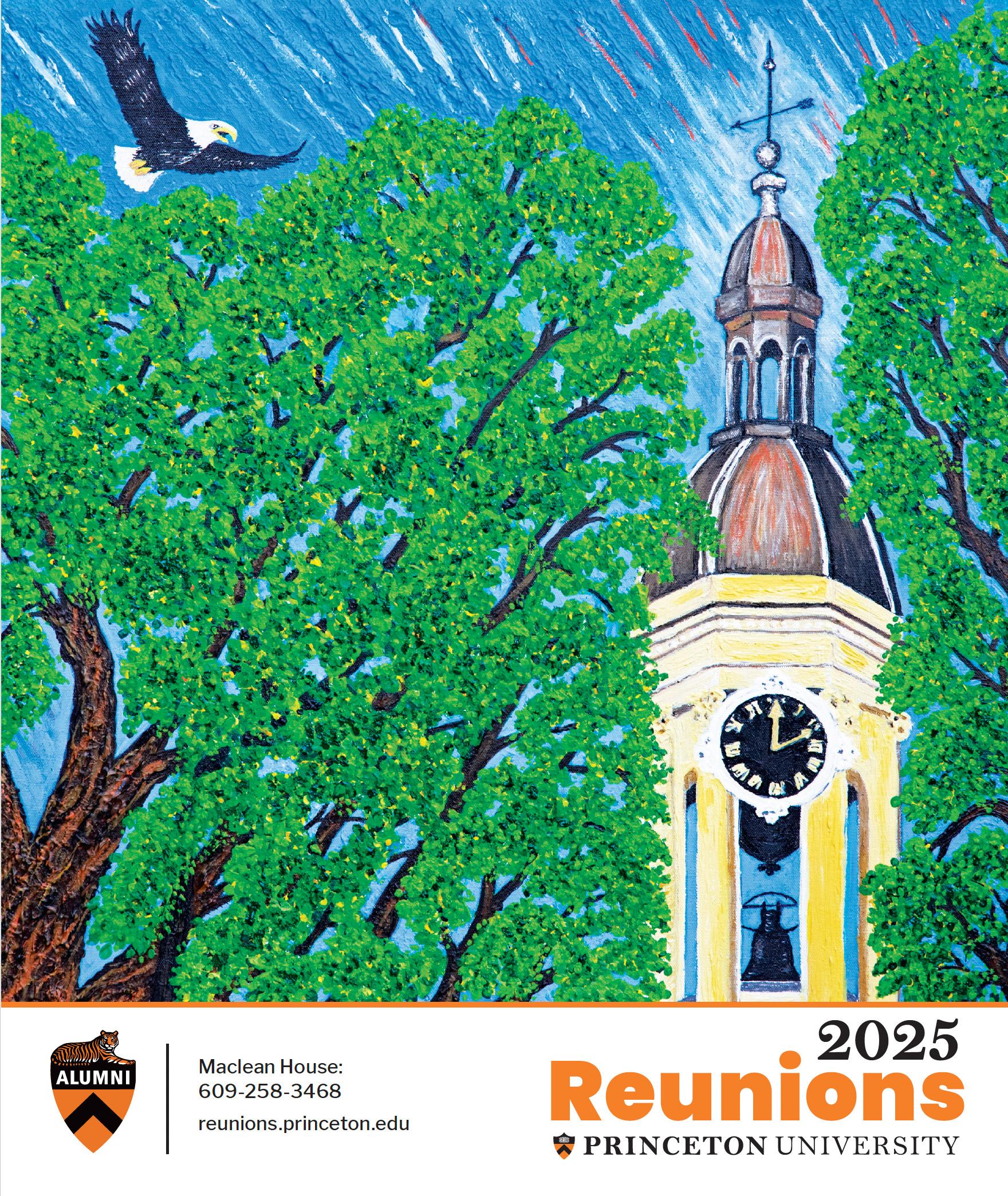 A painting of the Nassau Hall cupola, elm trees and a soaring bald eagle.
