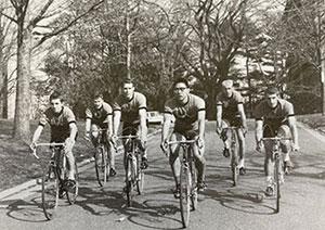 College students riding bicycles