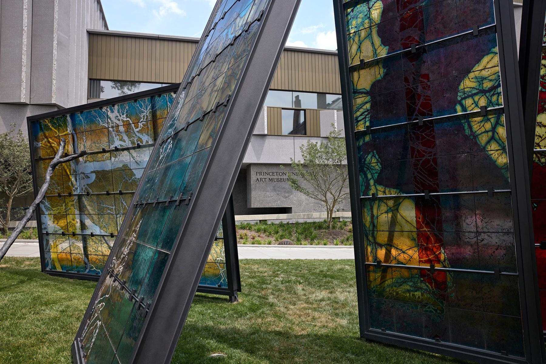 Exterior of the new Princeton University Art Museum, with the stained glass artwork display in front.