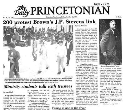 A screen shot of the Daily Princetonian with a headline 200 protest Brown's J.P. Stevens link; Kevin Gover is wearing a hat and walking on Princeton's campus in the photo