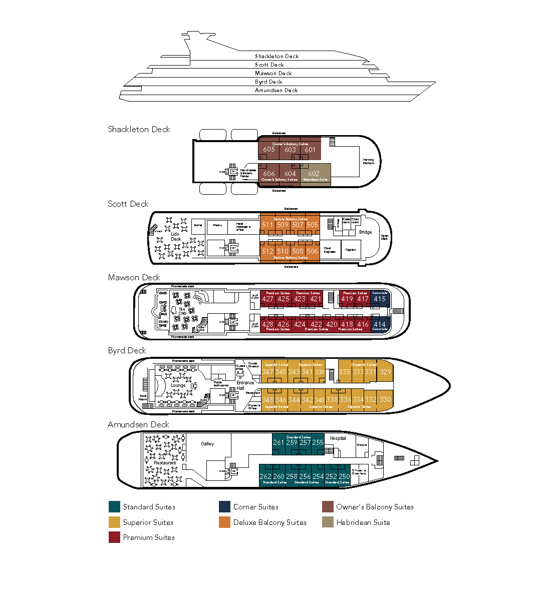 Ship deck plan showing rooms on 5 decks of the Hebridean Sky