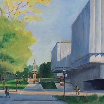 Painting of Princeton campus with art museum and Nassau Hall