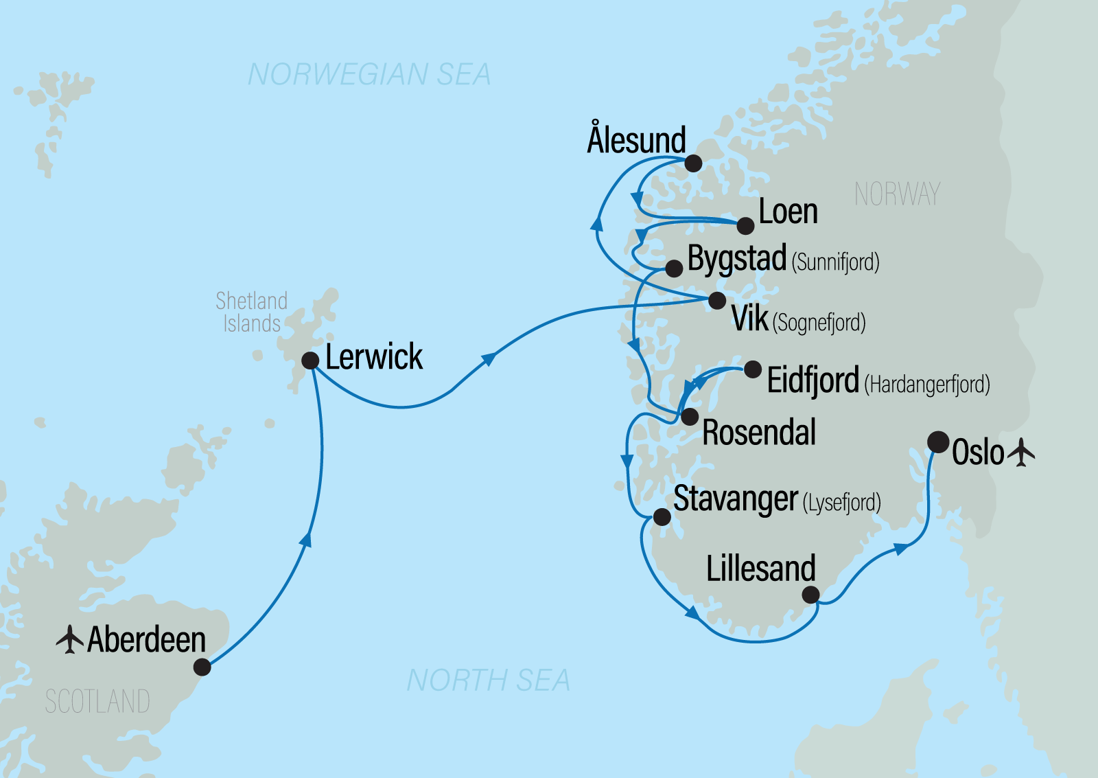 Map of cruise itinerary from Aberdeen to Oslo