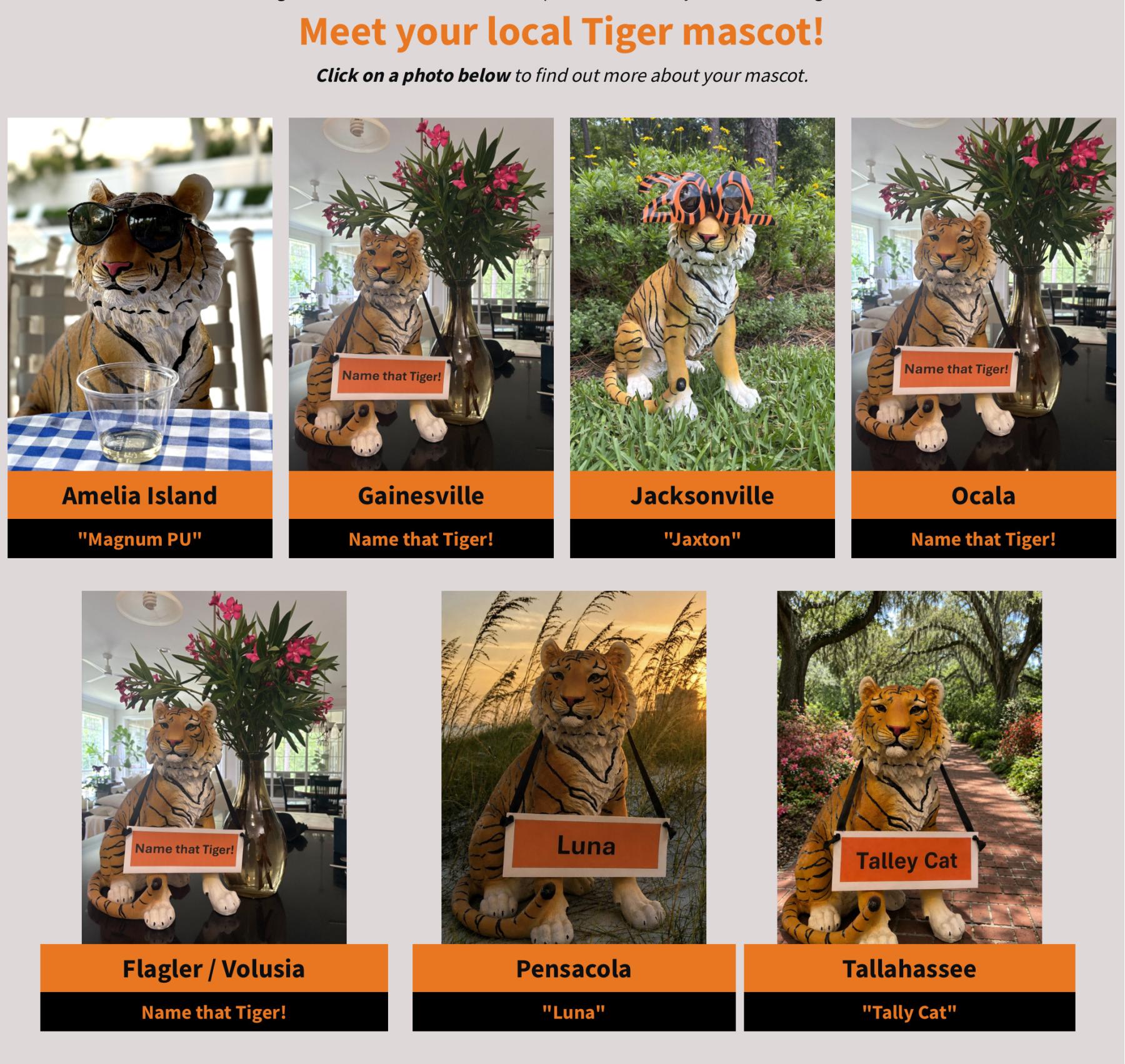 Portraits of seven ceramic tiger mascots