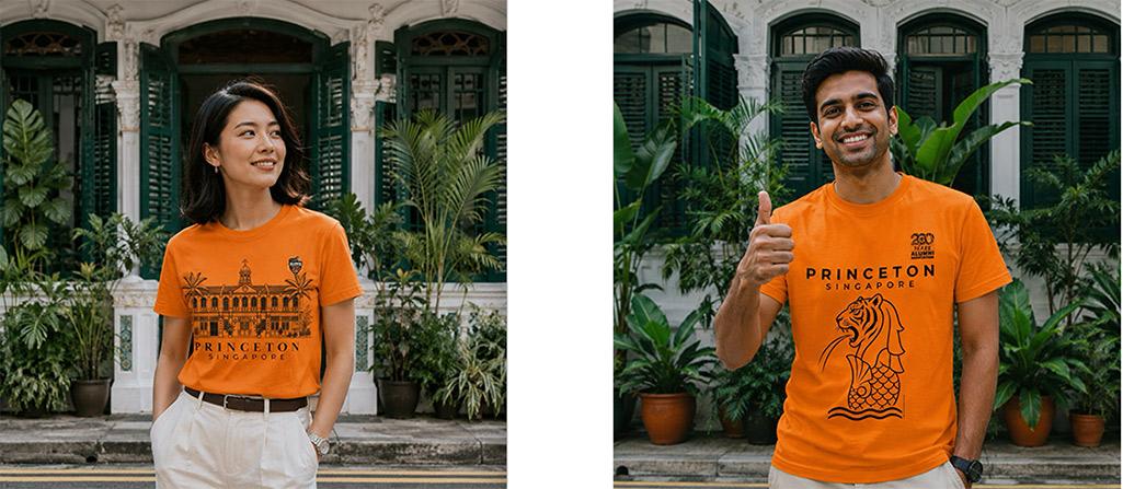 Portraits of an alumna and an alumnus wearing special orange Princeton Singapore t-shirts